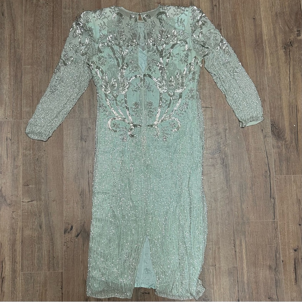 ❌SOLD He-Ro Industries |Vintage 100% Silk Mint Green Fancy Beaded Dress Size 10 - Picture 3 of 16